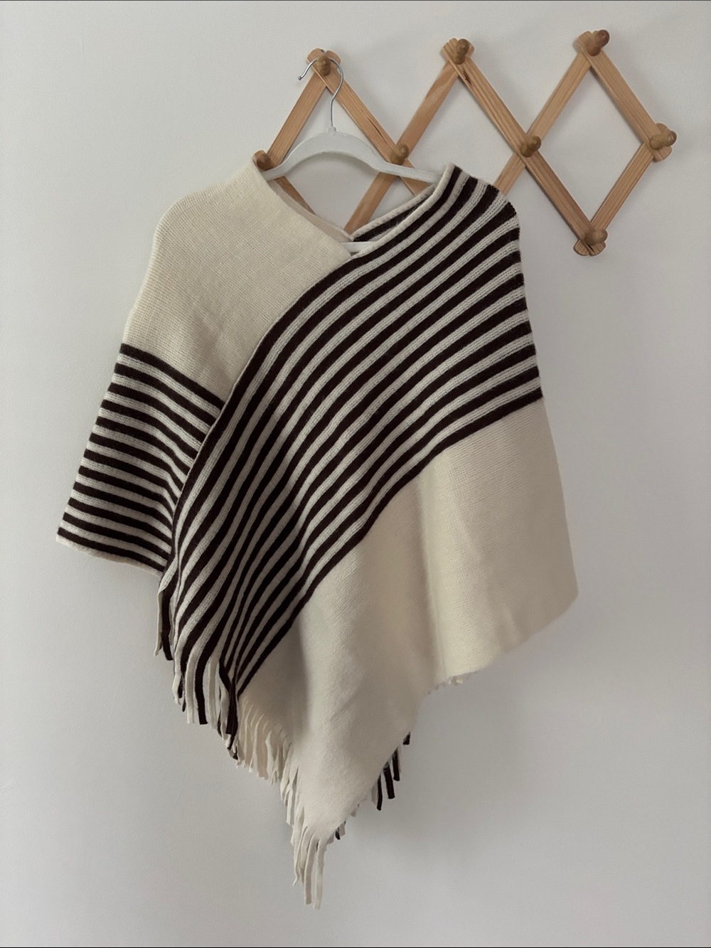 Coco + Carmen Cream and Dark Brown Striped Fringe Poncho